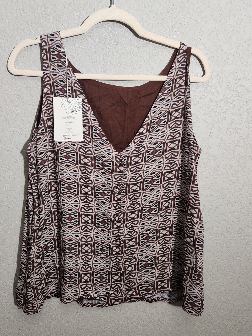 Geometric Brown V-Neck Button-Front Tank Top